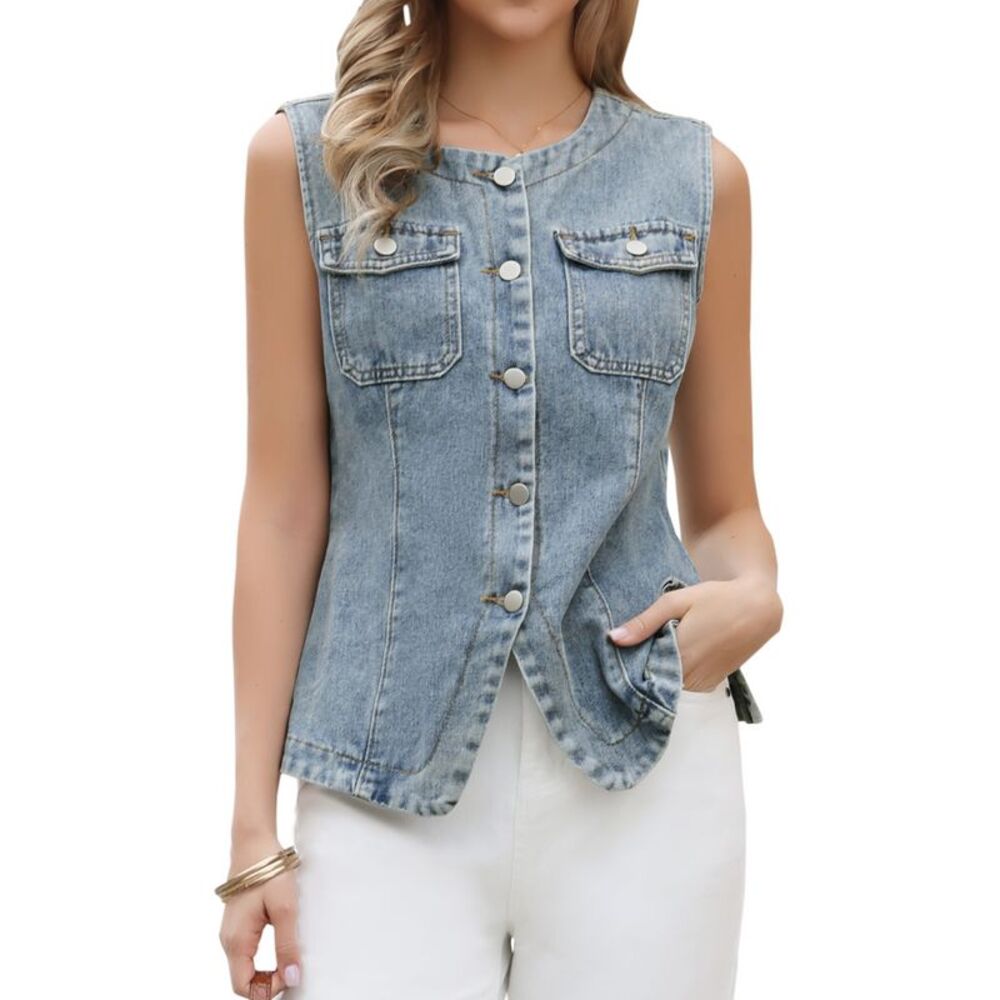 Women's Collarless Button Down Denim Vest Top Gray Blue